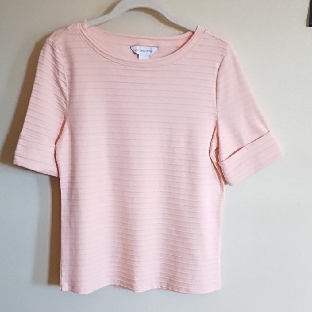 LIZ CLAIBORNE PINK SHORT SLEEVED TEE SHIRT, CUFFED SLEEVES SZ XS NEVER WORN
